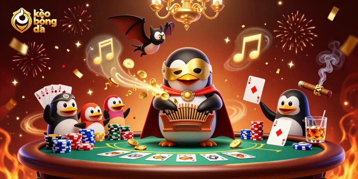 Engage with kèo bóng đá through a lively 3D illustration showcasing a penguin organist, colorful poker elements, and celebratory ambiance.