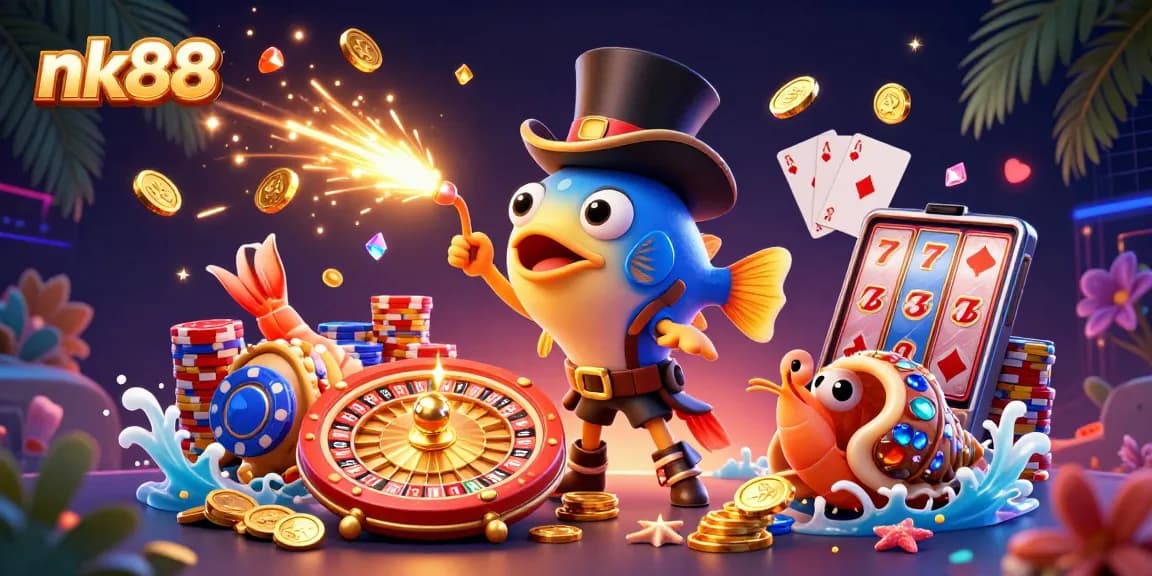 Engage with nk88 as the anglerfish shines with golden coins in this vibrant casino scene.