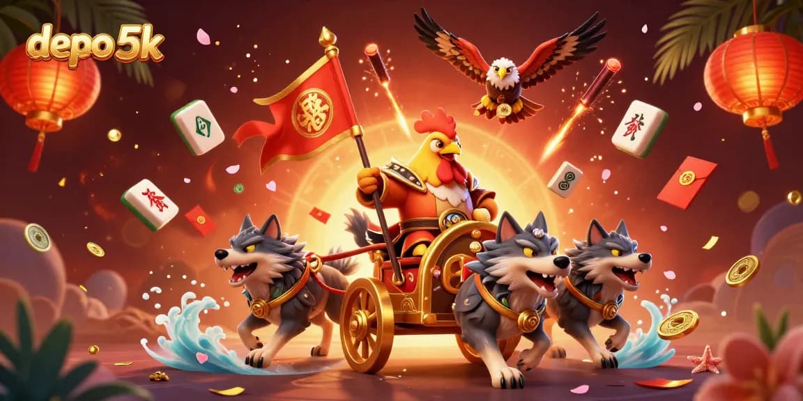 Play exciting slots at depo 5k with a vibrant 3D casino scene featuring iconic gaming elements.