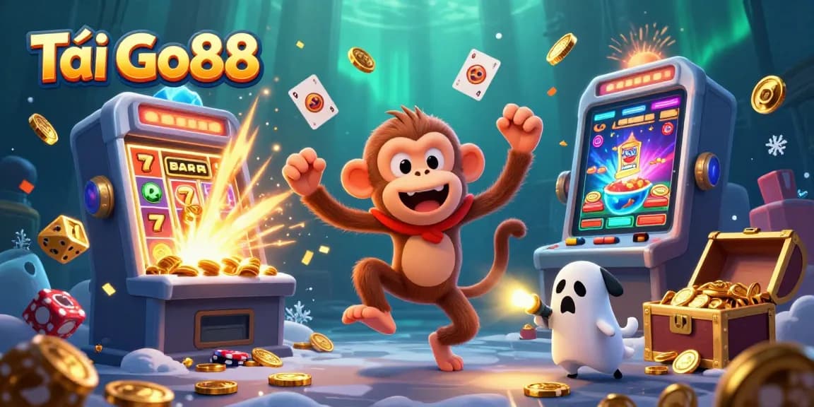 Engage in thrilling gaming fun with Tải Go88 as a mischievous poltergeist monkey juggles golden casino elements.