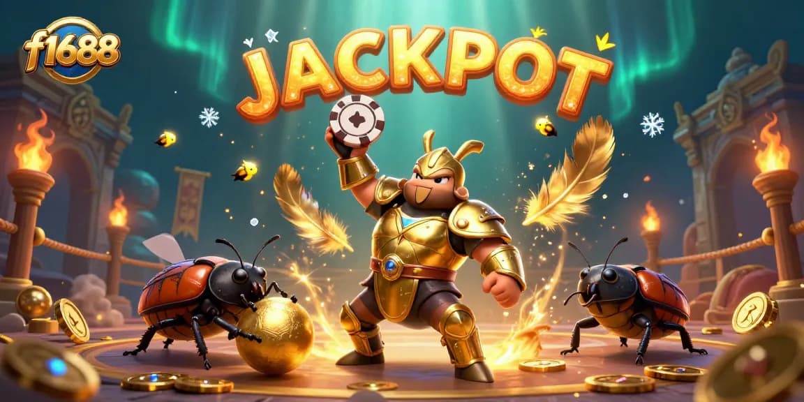 Experience thrilling victories at f1688 with a dynamic illustration of a victorious beetle champion lifting a poker chip.
