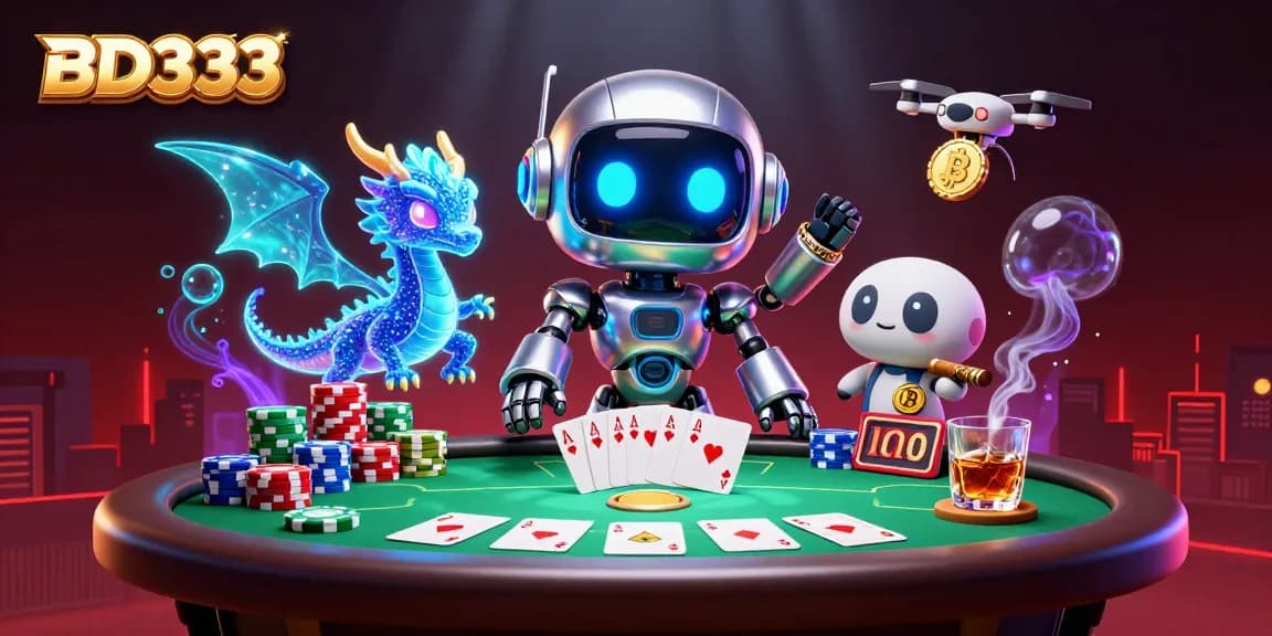 Engage with BD333's thrilling poker scene featuring a futuristic casino robot and vibrant game elements.