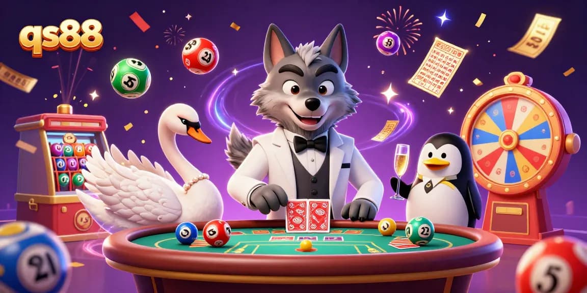Engage in excitement with qs88 as the debonair wolf, elegant swan, and penguin sommelier celebrate wins in a vibrant casino setting.