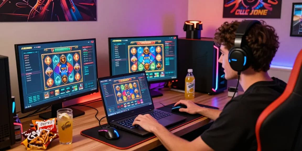 Engaging gaming scene with user at https://gravatar.com/playbook88official, showcasing vibrant slot graphics and cozy atmosphere.