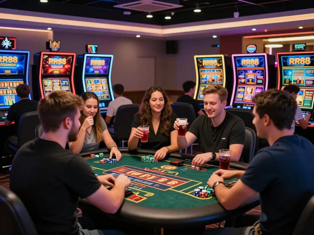 Celebrating players at RR88c.mobi enjoy a thrilling gaming experience with diverse games and vibrant atmosphere.
