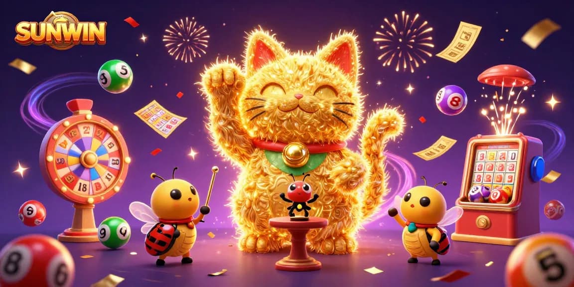 SUNWIN's golden lucky cat brings excitement with vibrant lottery balls and festive elements.