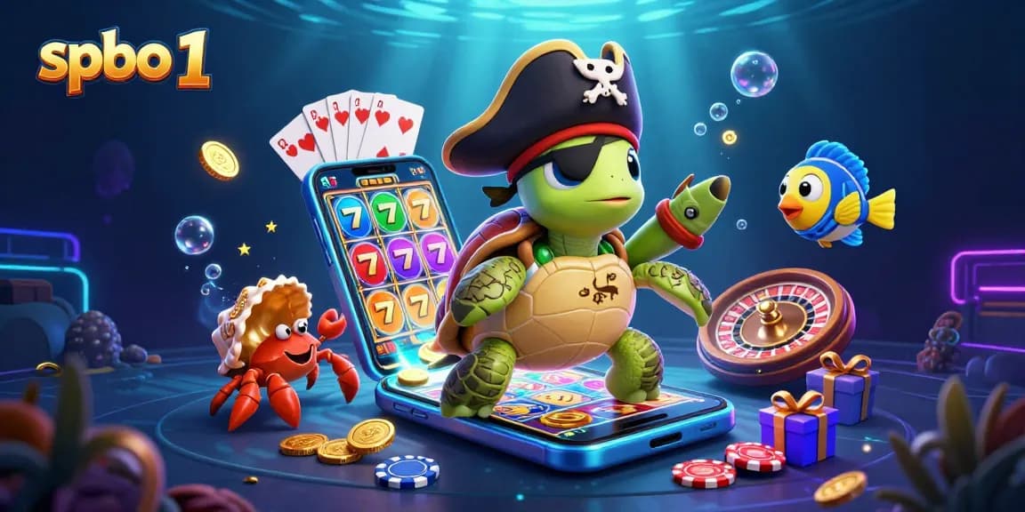 Engage with spbo 1: A vibrant, action-packed underwater gambling scene featuring a pirate turtle and casino elements.