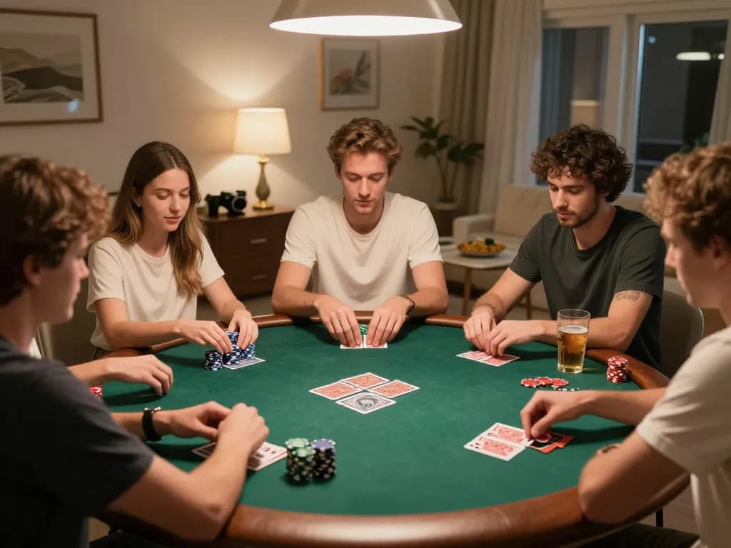 Friends enjoy a competitive poker night at home, showcasing keonhacaii strategy in a cozy atmosphere.