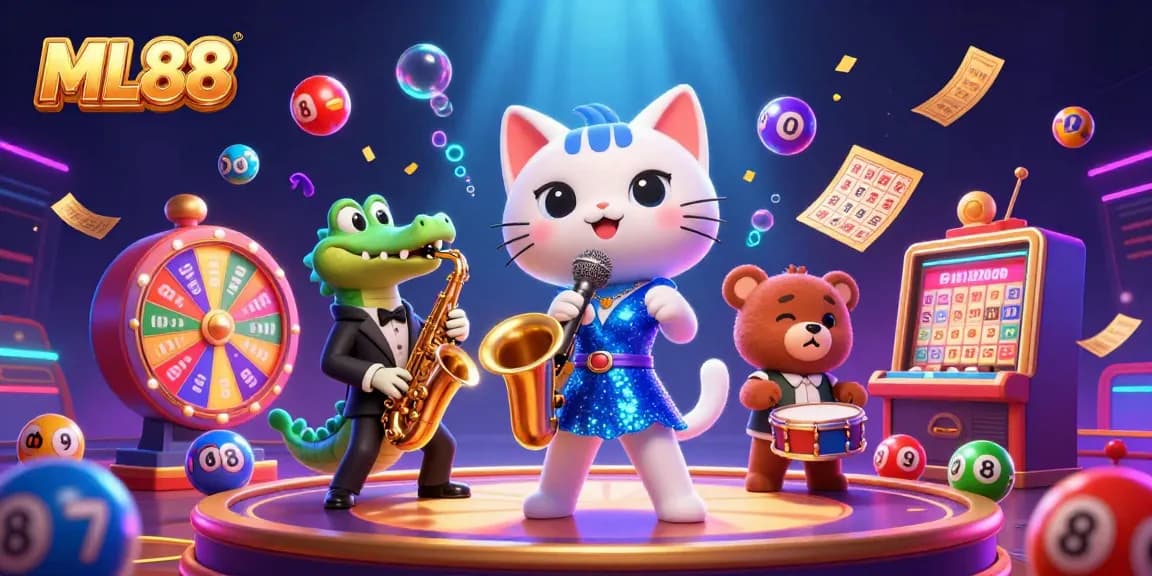 Experience the thrill of ML88 with a vibrant casino scene showcasing lively characters and dynamic game elements.