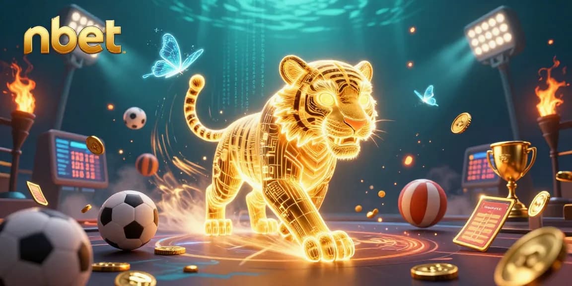 Experience vibrant nbet casino action with a golden tiger and sports elements in this 3D scene.
