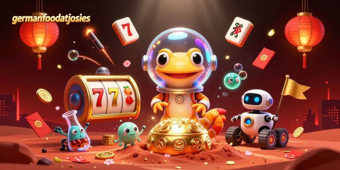 Spin and win at germanfoodatjosies with a Martian gecko exploring a golden casino!
