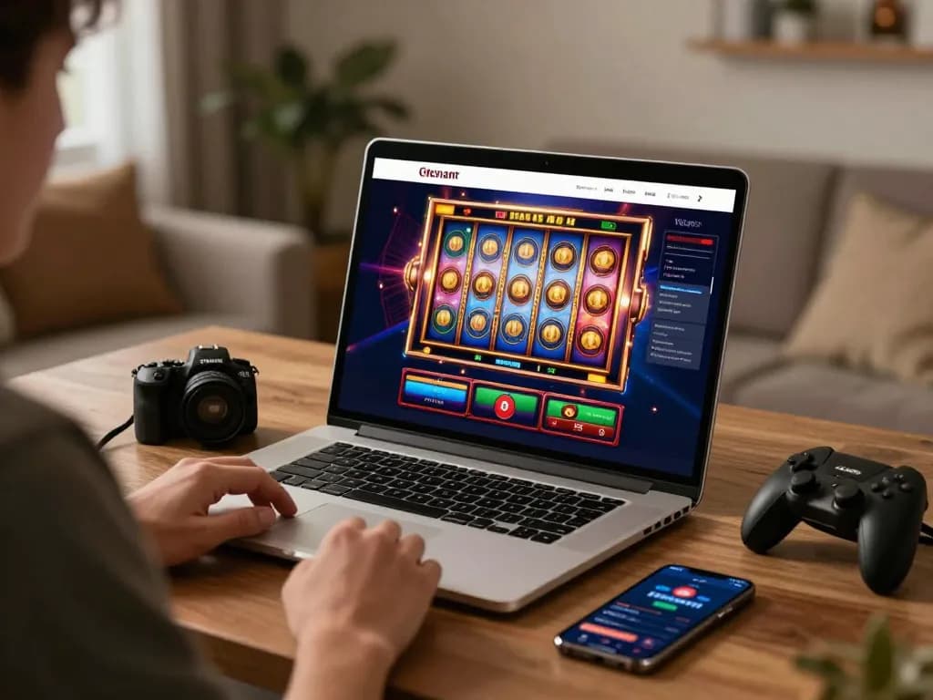 Player enjoying an exciting gaming session on OKFUN's online casino platform, vibrant slot reels highlighted.