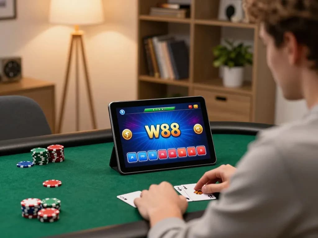 Engaging W88 poker game on tablet at home, showcasing a strategic gaming session.