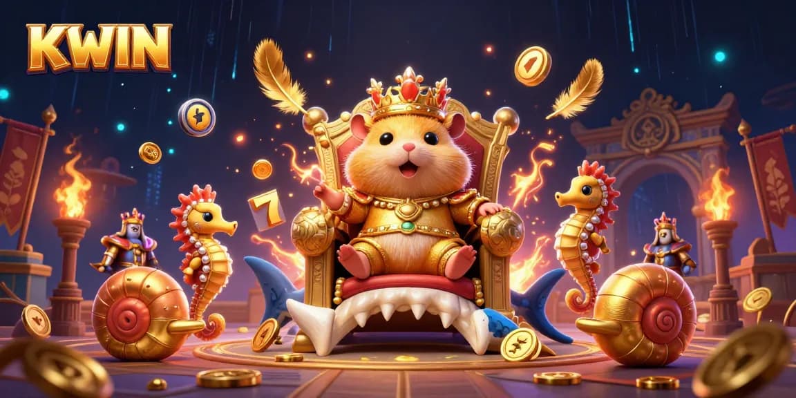 KWIN online casino features a playful hamster king and vibrant gaming elements in a dynamic 3D illustration.