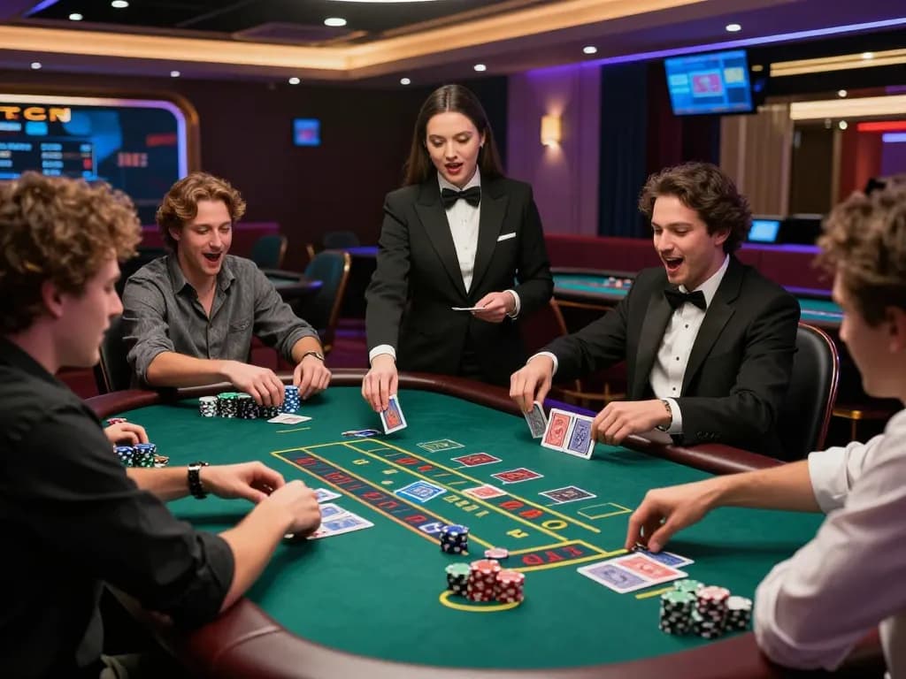 Players enjoying a live dealer blackjack game at 88vv, showcasing excitement and strategy in a luxurious casino atmosphere.