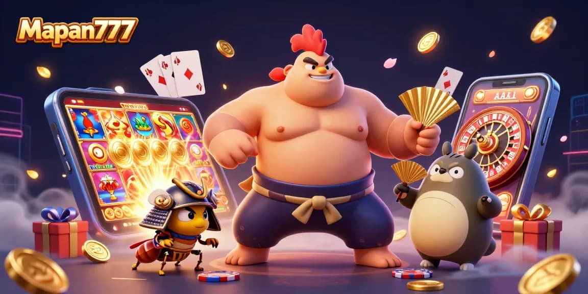 Engage in thrilling gameplay with Mapan777 as a powerful sumo wrestler, a fighting cricket, and a tanuki announcer shine in the casino scene.