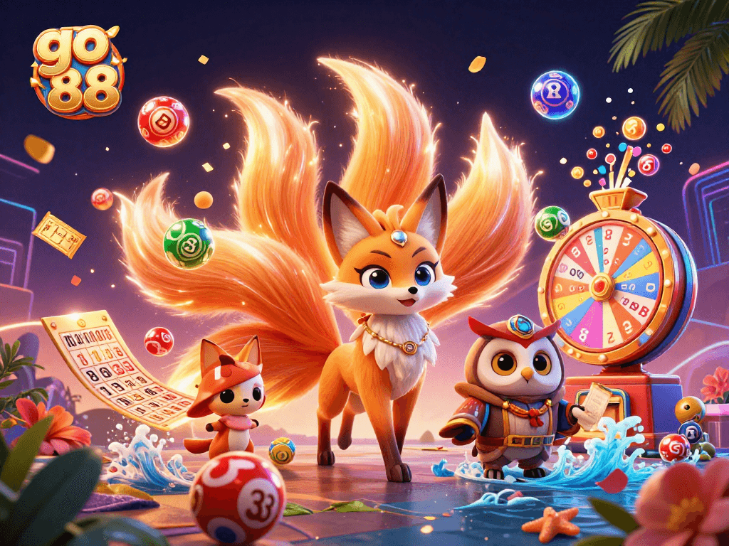 Engage with go 88 in a vibrant 3D illustration featuring lucky lottery elements and mystical characters.