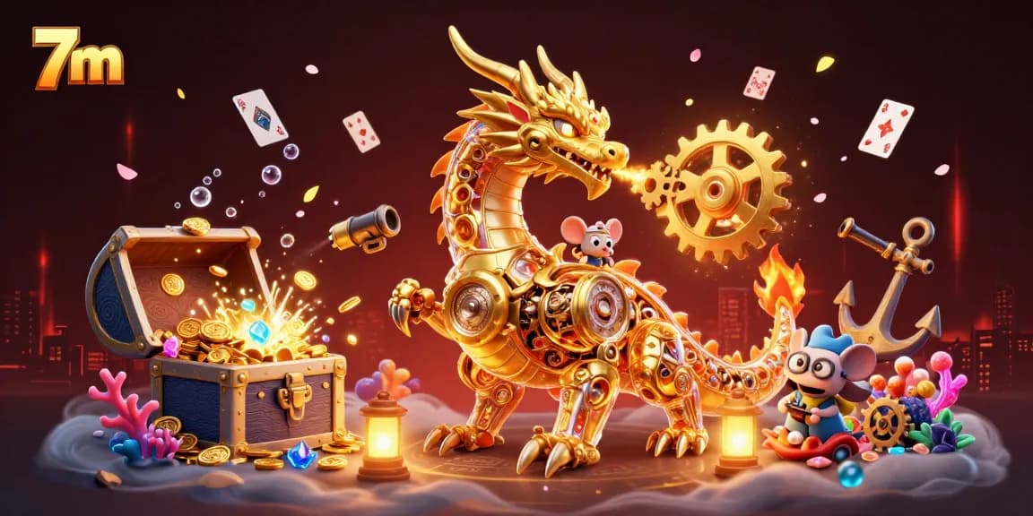 Experience real-time betting with 7m as you watch a golden dragon unleash treasure while playing casino games.
