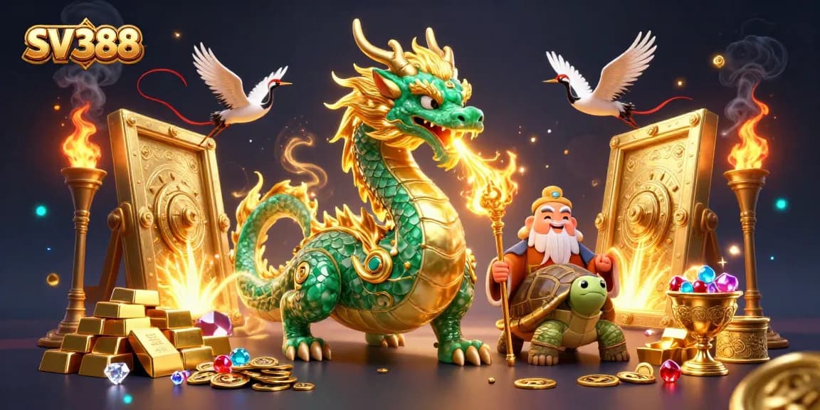 Experience SV388's thrilling cockfighting arena with a dynamic scene featuring mystical dragons and fortune symbols.