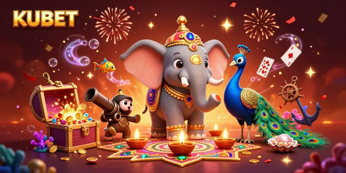 KUBET players enjoy a vibrant 3D casino scene featuring a festive elephant and treasures.