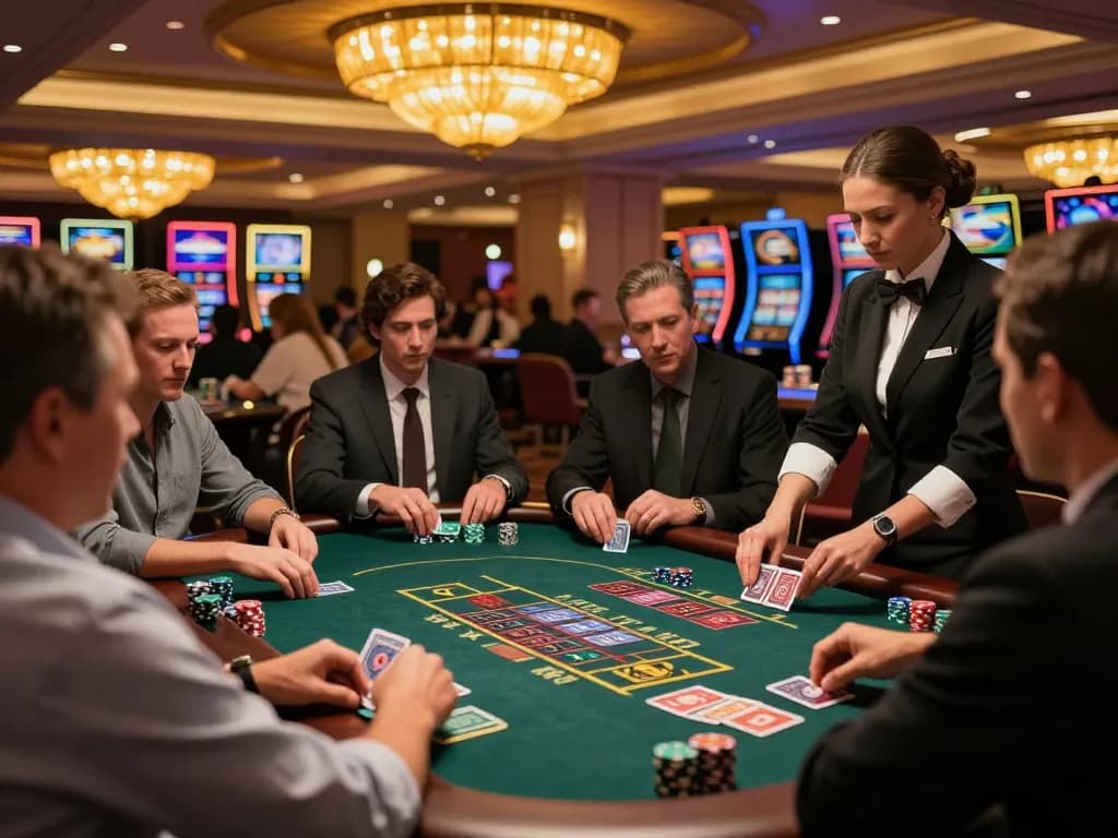 Players enjoying a high-stakes blackjack game at 688v casino, displaying intense focus and luxury decor.