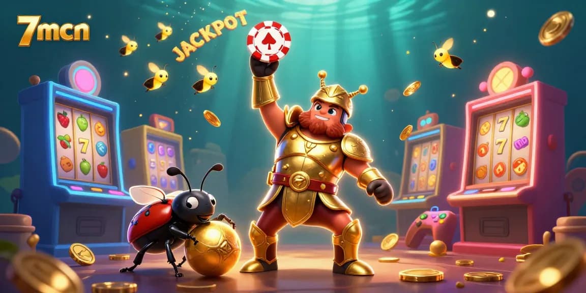 Experience the thrilling 7mcn jackpot with vibrant slot machines and captivating characters.
