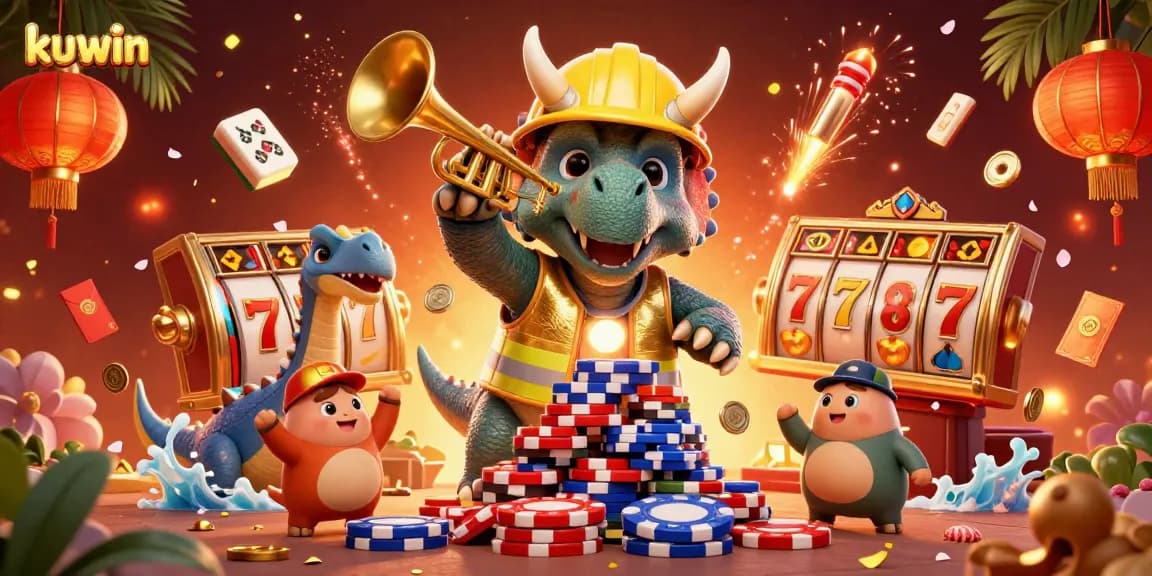 kuwin engages players with a vibrant 3D casino scene showcasing cheerful characters and exciting slot game elements.