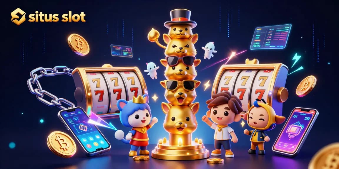 Engage with situs slot dynamics featuring a vibrant 3D illustration of animated casino totem, slot elements, and cryptocurrency.