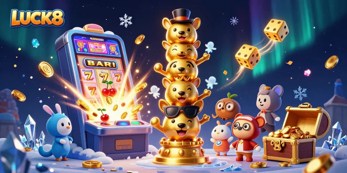 LUCK8 showcases a vibrant scene featuring cartoon totem poles and dynamic slot machine elements.