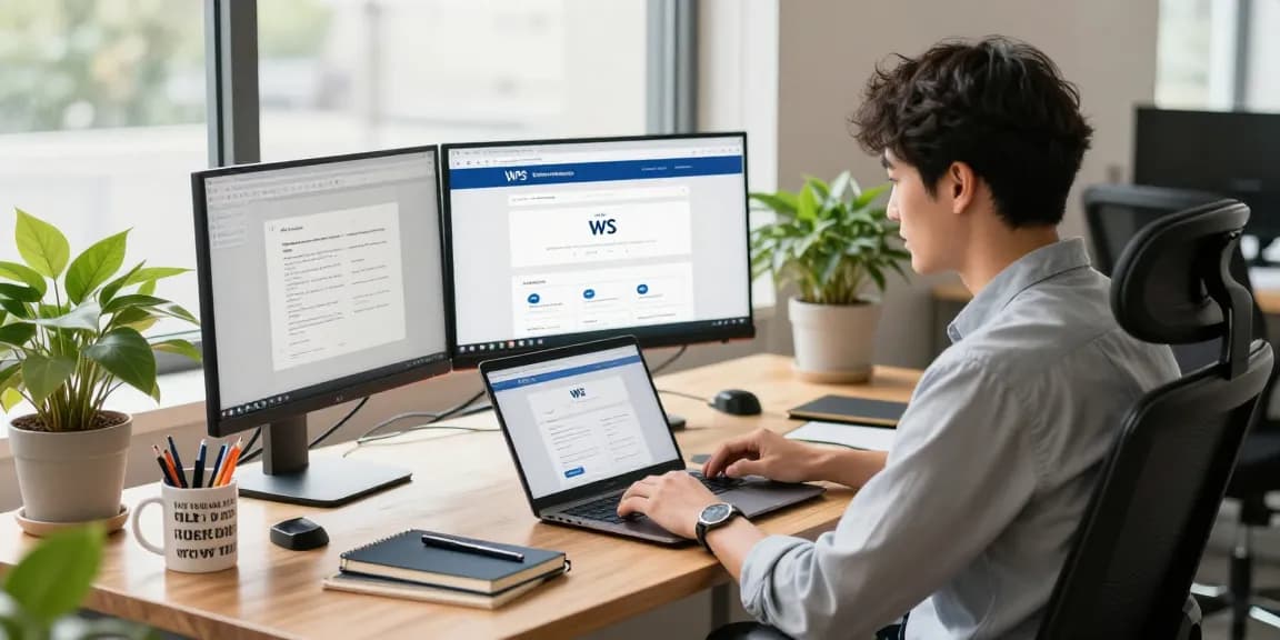 Viewing the WPS Official Website with a modern office setup featuring dual screens and a laptop.