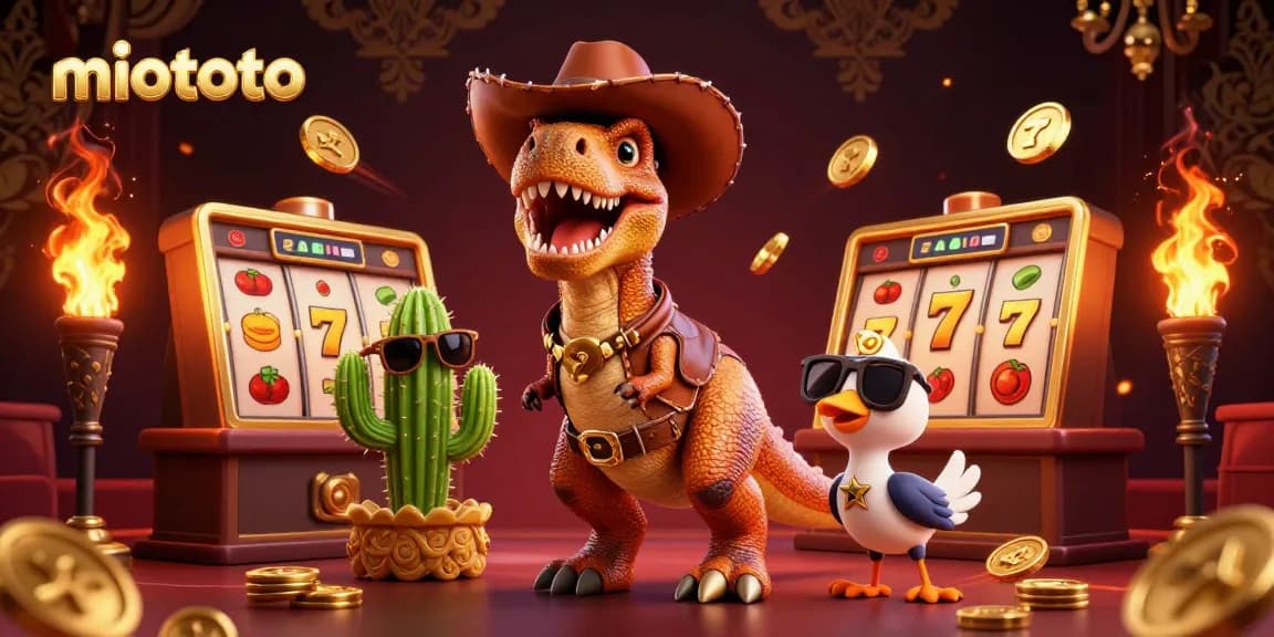 Spin and win at miototo with an adventurous dinosaur, cactus, and roadrunner, surrounded by slot reels.