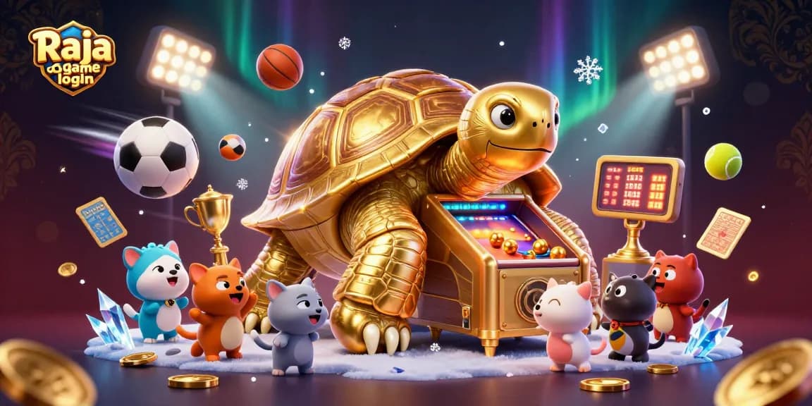 Join the fun at Raja game login with an exciting golden tortoise machine and vibrant sports elements.