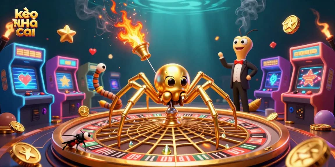 Engage with kèo nhà cái through a dynamic 3D illustration of a spider spinning bets in a lively casino.
