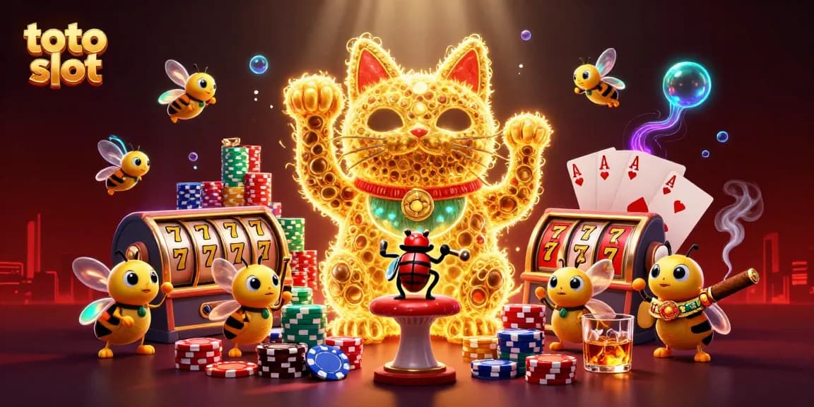 Play toto slot with excitement as golden fireflies shape a lucky cat amidst vibrant casino action.