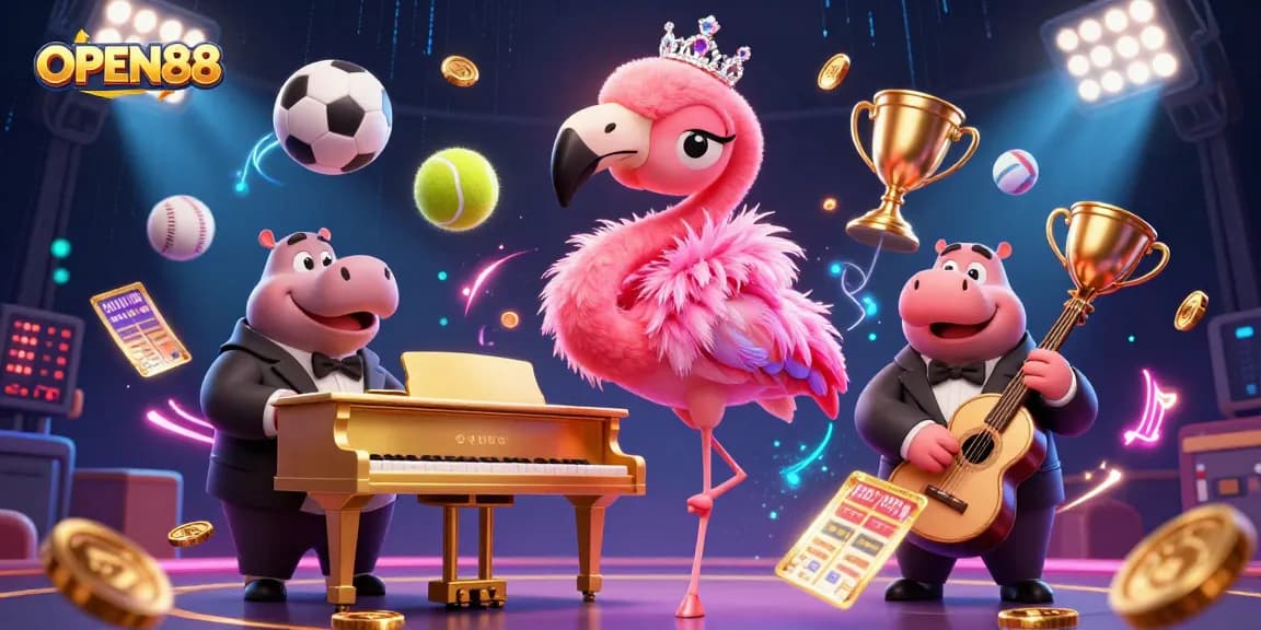 Engage with OPEN88's vibrant atmosphere in this dynamic casino scene featuring musical talents and sports elements.