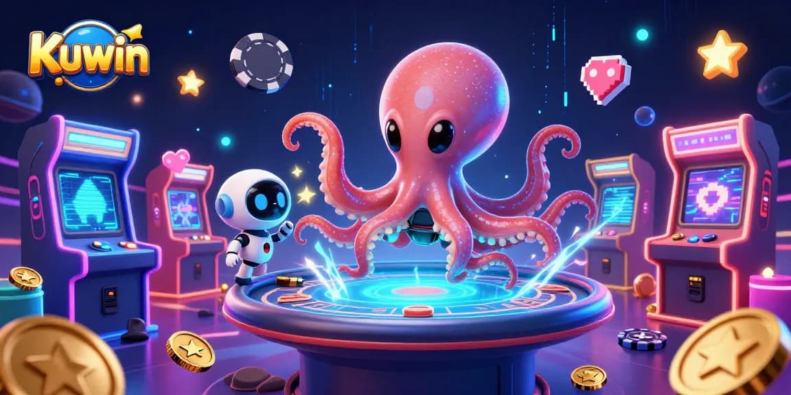 Experience the captivating world of Kuwin with an alien octopus showcasing gambling excitement at a holographic poker table.