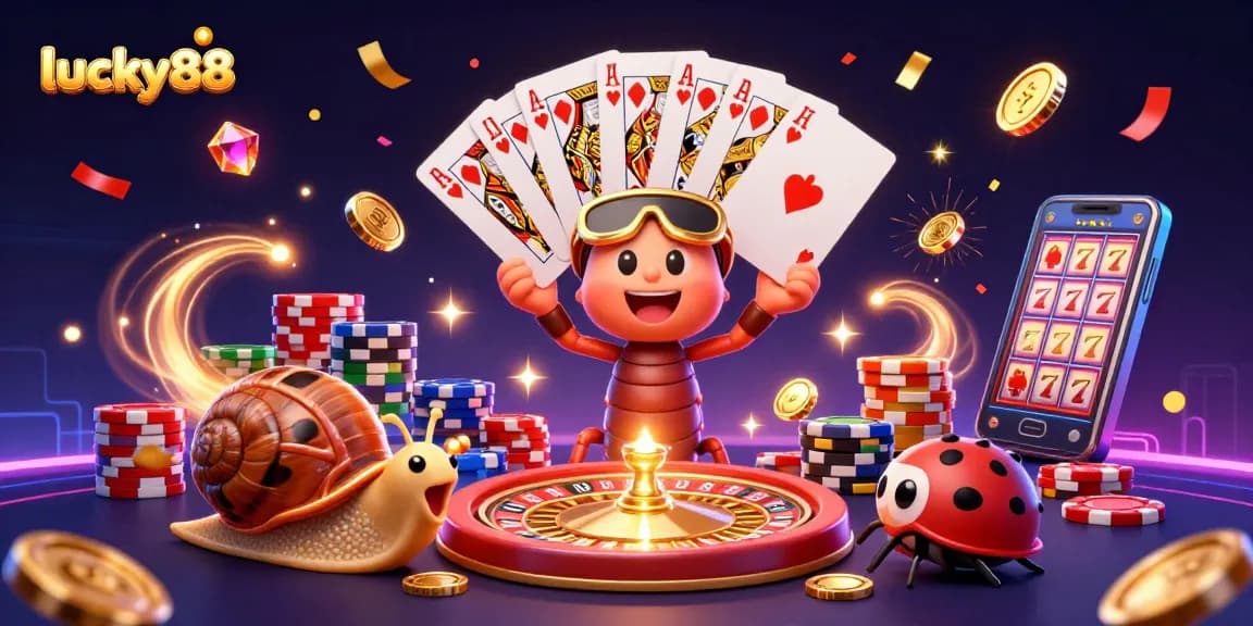 Engage with lucky88's world of fun as cartoon characters play cards and celebrate wins.