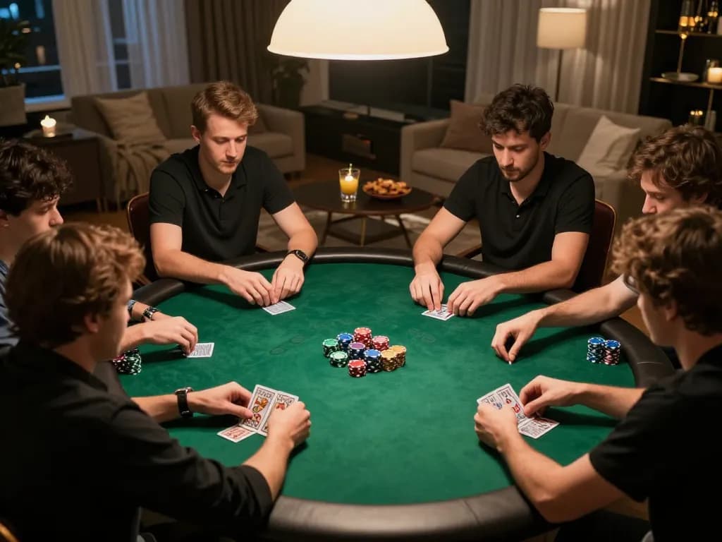 Engaged players analyzing cards during a home poker night at nhà cái mb66
