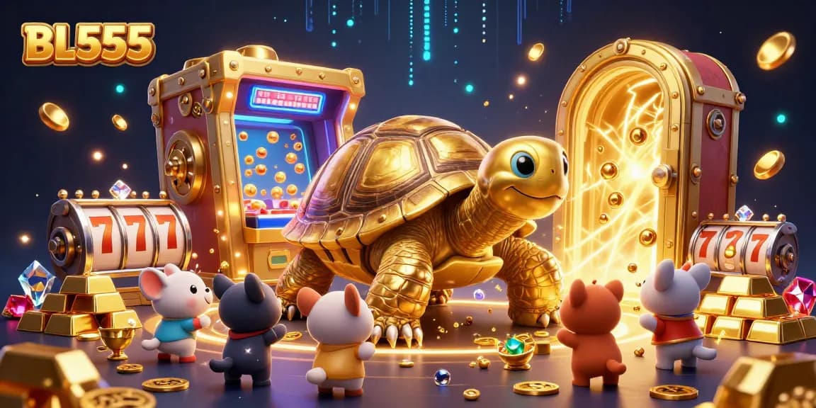 Experience thrilling jackpots with BL555's vibrant 3D illustration of a golden tortoise and treasures.