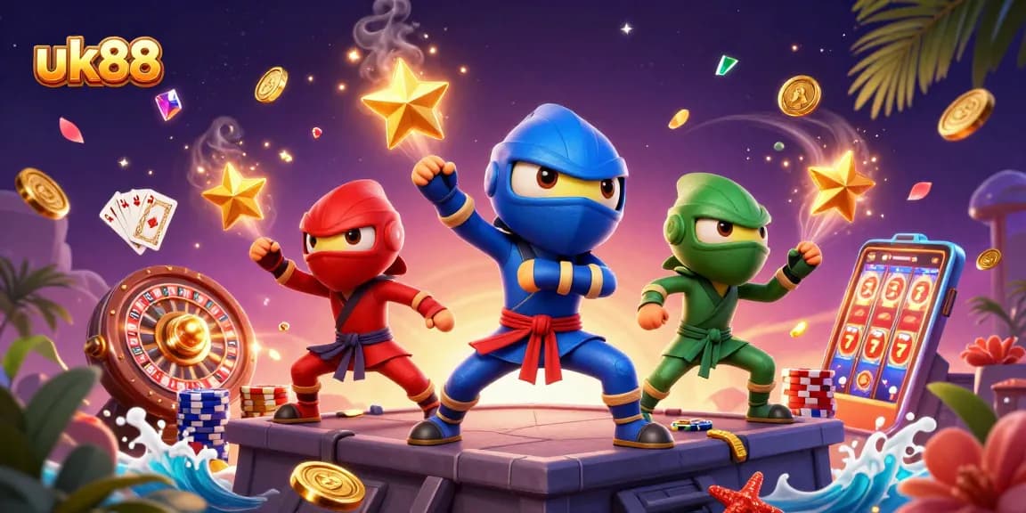 Experience thrilling action at uk88 with chameleon ninjas performing martial arts above spinning roulette wheels and flying coins.
