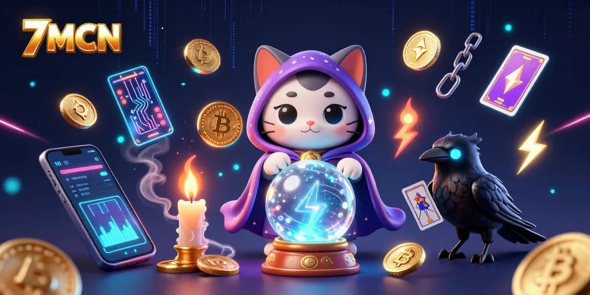 Engage with 7MCN's immersive gambling experience with a mystical scene of fortune tellers and cryptocurrencies.