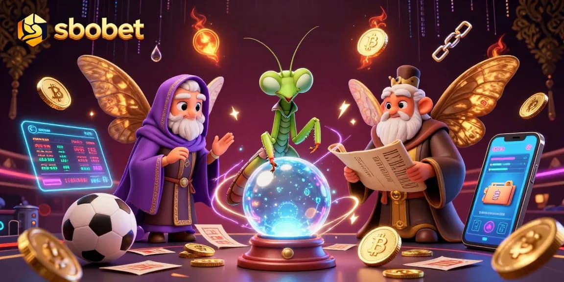 Bettors explore sbobet sports betting options with a detailed fortune teller and wise moth.
