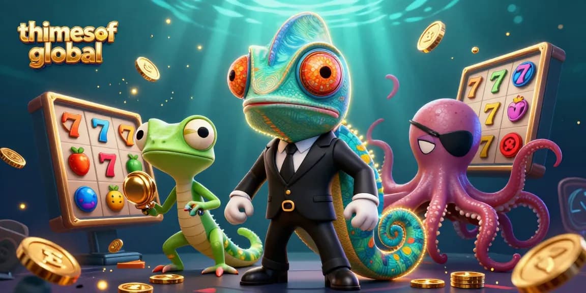Thetimesofglobal showcases a vibrant 3D casino scene with a secret agent chameleon and captivating slot elements.