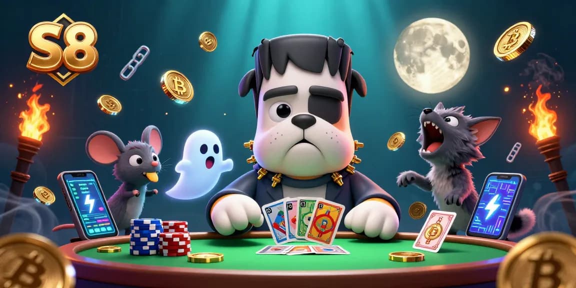 S8 offers thrilling gaming with a vibrant scene of a bulldog dealer and crypto elements.