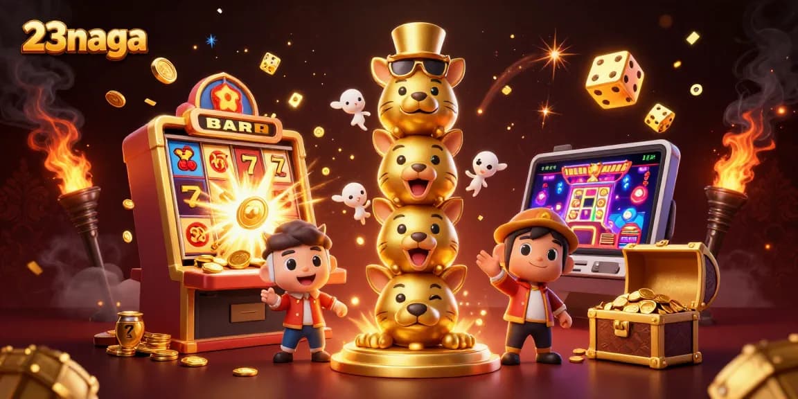 Slot menyenangkan di 23naga dengan totem kuningan dan simbol jackpot dalam suasana meriah