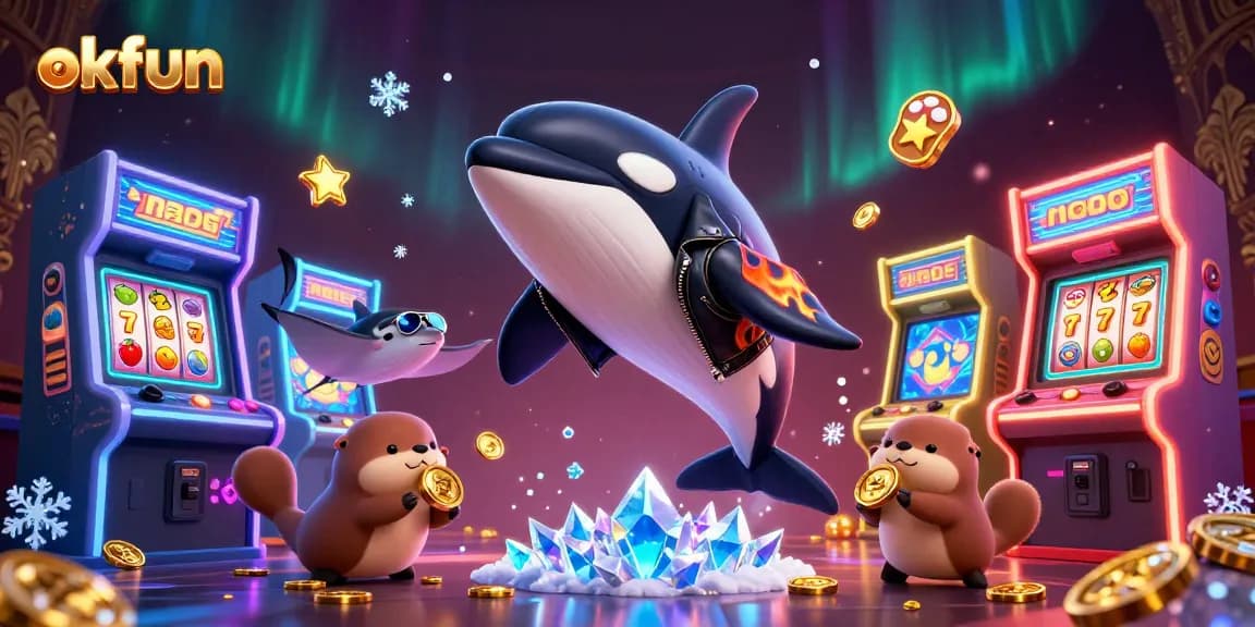 Experience thrilling wins at okfun with lively casino characters celebrating around vibrant gaming elements.