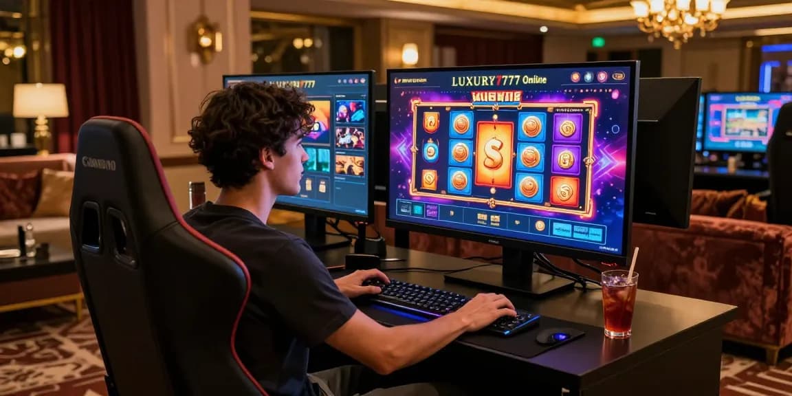 Gamer menikmati LUXURY777 Online dengan tampilan slot modern dan suasana mewah.