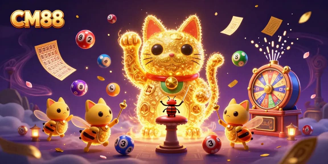 Engage with CM88's vibrant casino experience featuring a lucky cat and dynamic game elements.