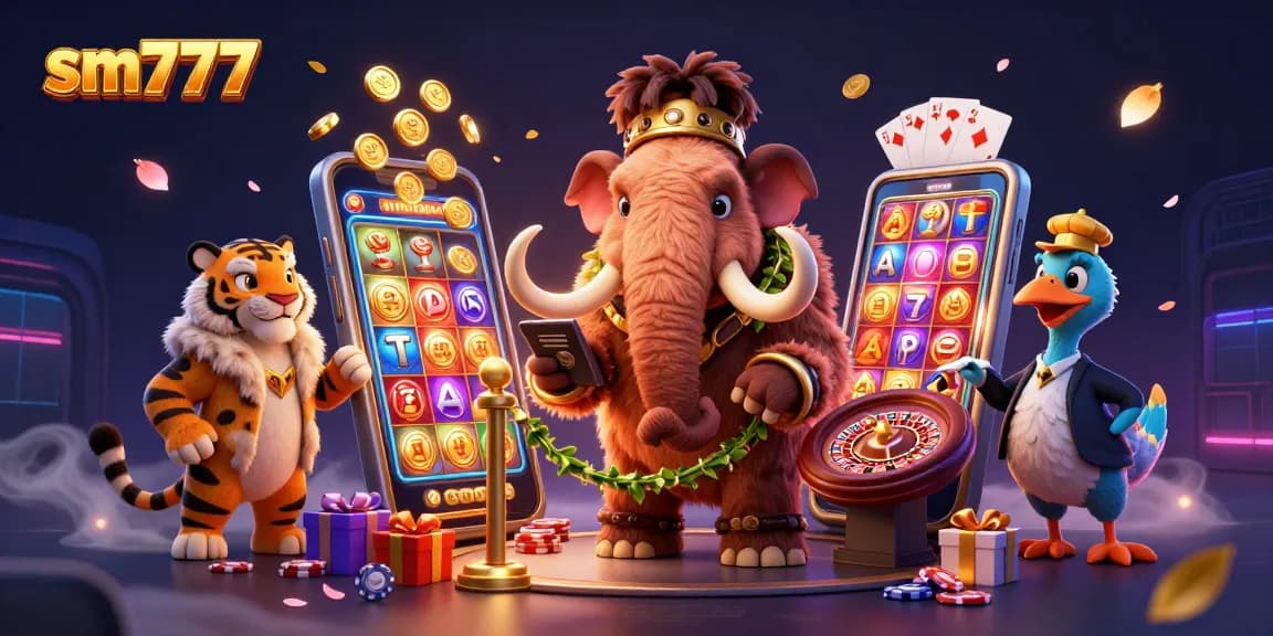 Experience thrilling gameplay on sm777 with a vibrant casino scene featuring a mammoth bouncer, VIP saber-tooth guest, and doorman dodo.