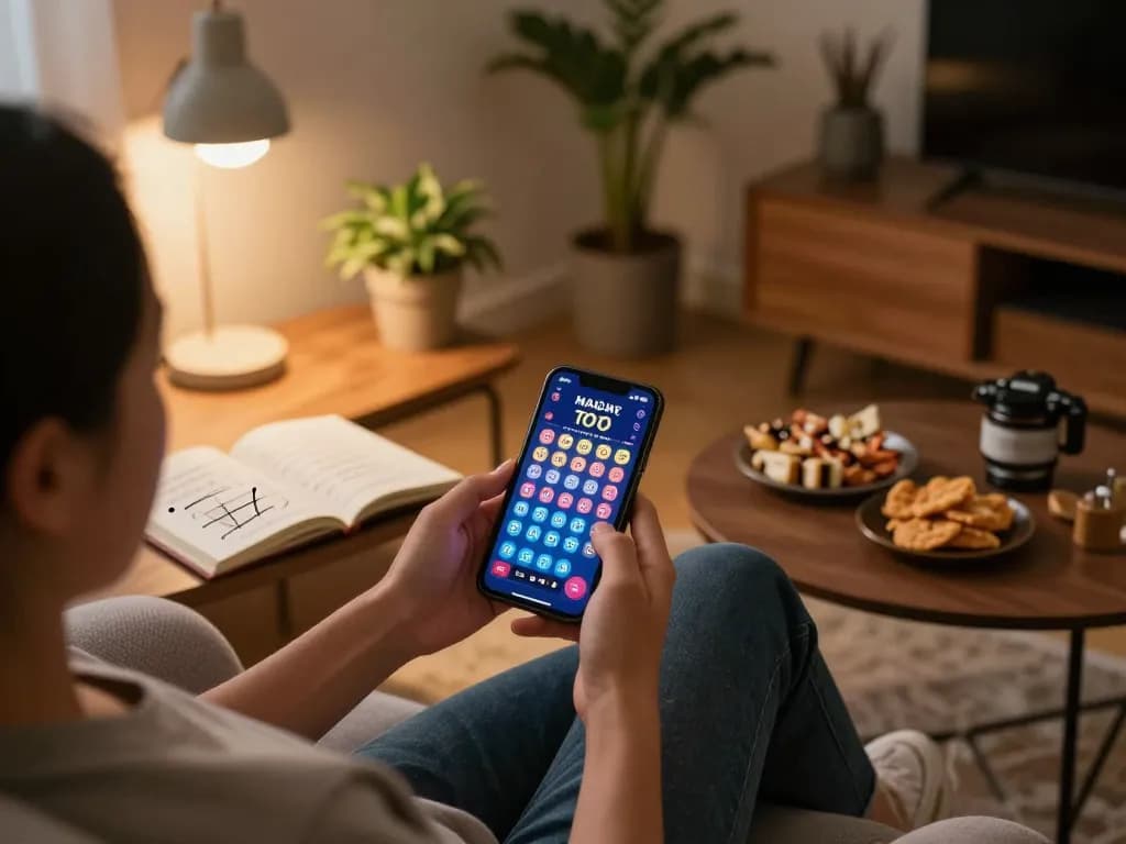 Taruhan Toto Macau di smartphone dalam pengaturan rumah yang nyaman, menyoroti kegembiraan perjudian online.